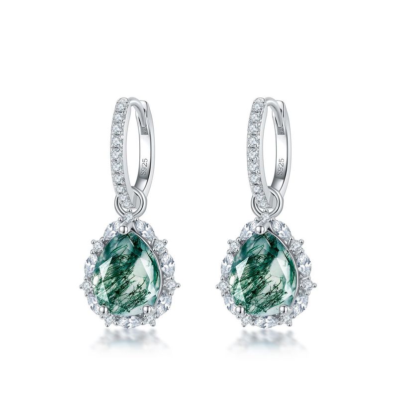 1 Pair Elegant Simple Style Water Droplets Lab-grown Gemstone Sterling Silver Zircon White Gold Plated Drop Earrings