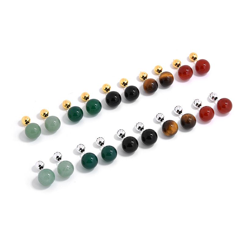 1 Pair Retro Classic Style Round Plating Agate Sterling Silver Tiger Eye Drop Earrings