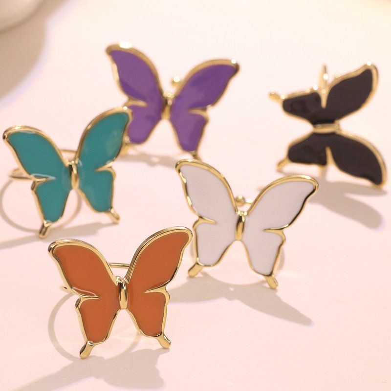 304 Stainless Steel 18K Gold Plated Cute Lady Enamel Plating Butterfly Open Rings