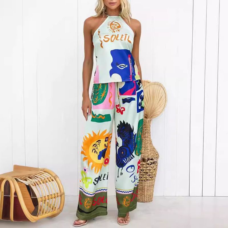 Holiday Daily Beach Women's Streetwear Sun Letter Color Block Polyester Pants Sets Pants Sets