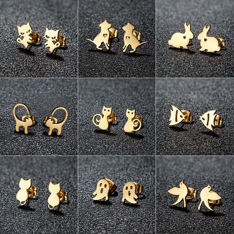 1 Pair Sweet Rabbit Cat Polishing 304 Stainless Steel 18K Gold Plated Ear Studs