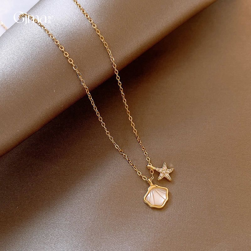 Copper Sweet Inlaid Shell Star Shell Pendant Necklace