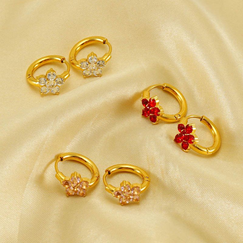 1 Pair Simple Style Flower 304 Stainless Steel Zircon 18K Gold Plated Hoop Earrings