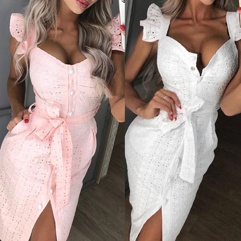 Women's Regular Dress Sexy Square Neck Embroidery Short Sleeve Solid Color Midi Dress Holiday Daily Date