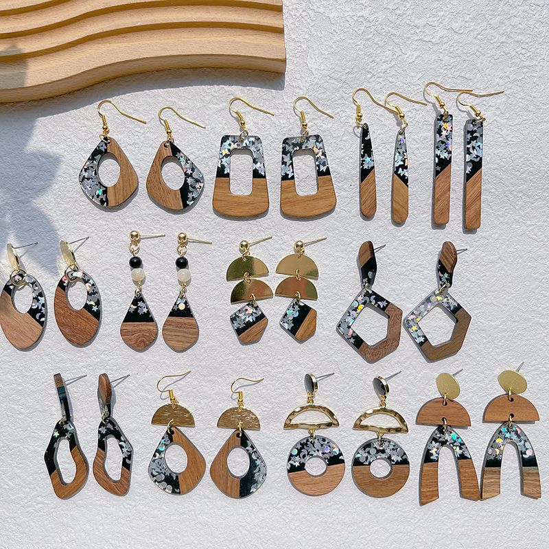 1 Pair Streetwear Geometric Hollow Out Alloy Wood Resin Drop Earrings