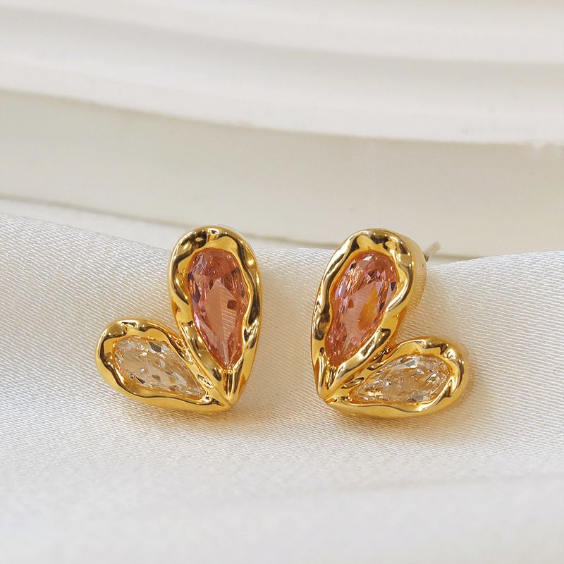 1 Pair Sweet Heart Shape Inlay Copper Zircon 18K Gold Plated Ear Studs