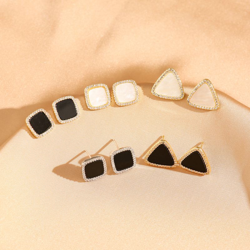 1 Pair Sweet Triangle Geometric Rectangle Inlay Copper Shell Zircon 18K Gold Plated Ear Studs