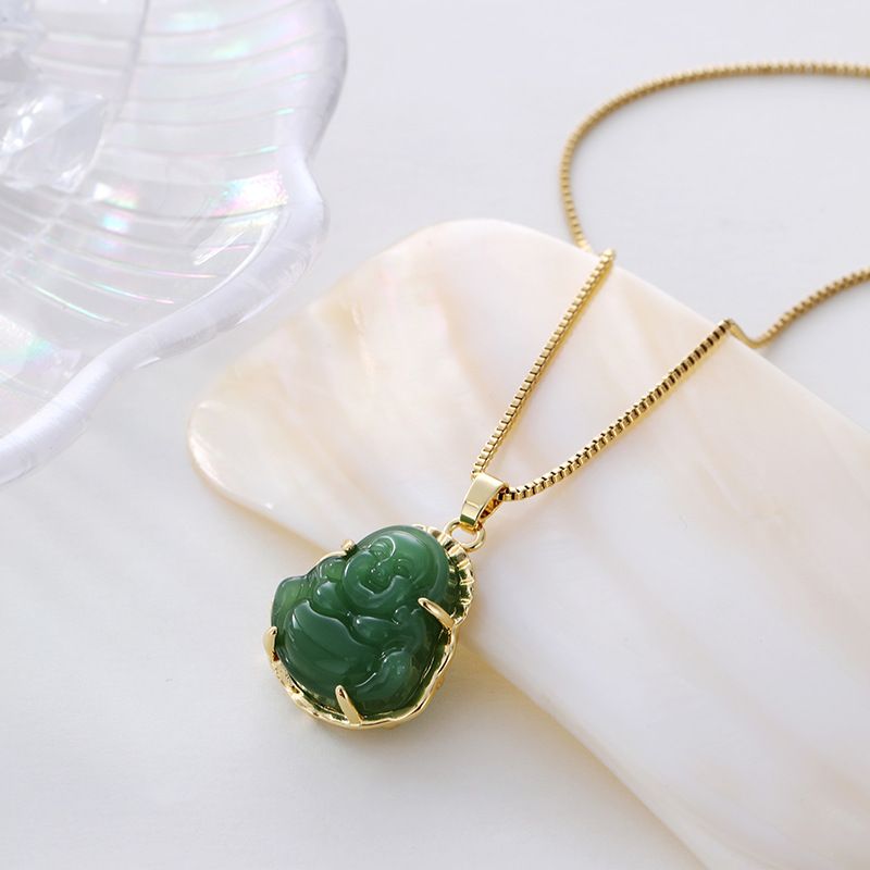 Copper Chinoiserie Plating Smiling Buddha Glass Pendant Necklace