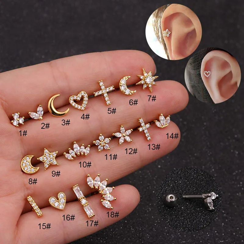1 Piece IG Style Star Moon Inlay 304 Stainless Steel Zircon 14K Gold Plated Ear Studs