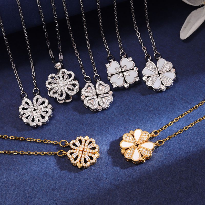 304 Stainless Steel 18K Gold Plated Elegant Queen Bridal Plating Inlay Four Leaf Clover Heart Shape Zircon Pendant Necklace