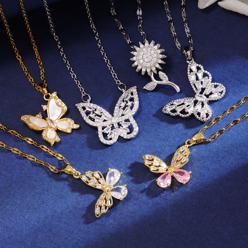 Wholesale Elegant Sunflower Flower Butterfly 304 Stainless Steel Copper Inlay 18K Gold Plated Zircon Pendant Necklace