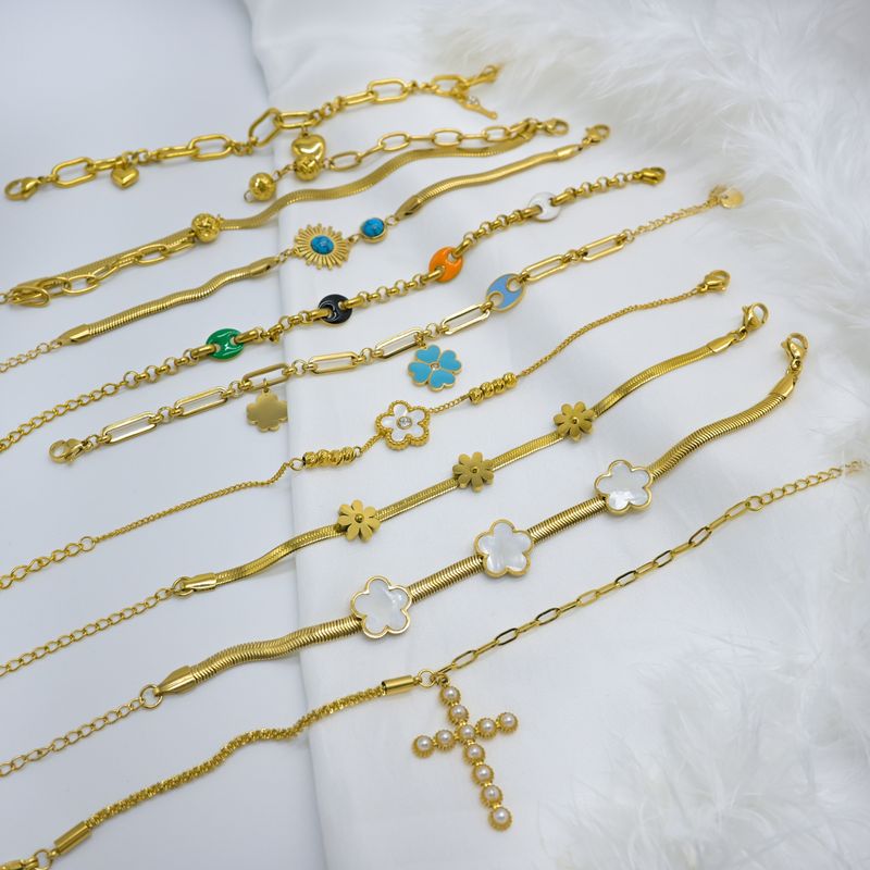 Titanium Steel Gold Plated Handmade Simple Style Enamel Plating Inlay Cross Four Leaf Clover Flower Turquoise Bracelets