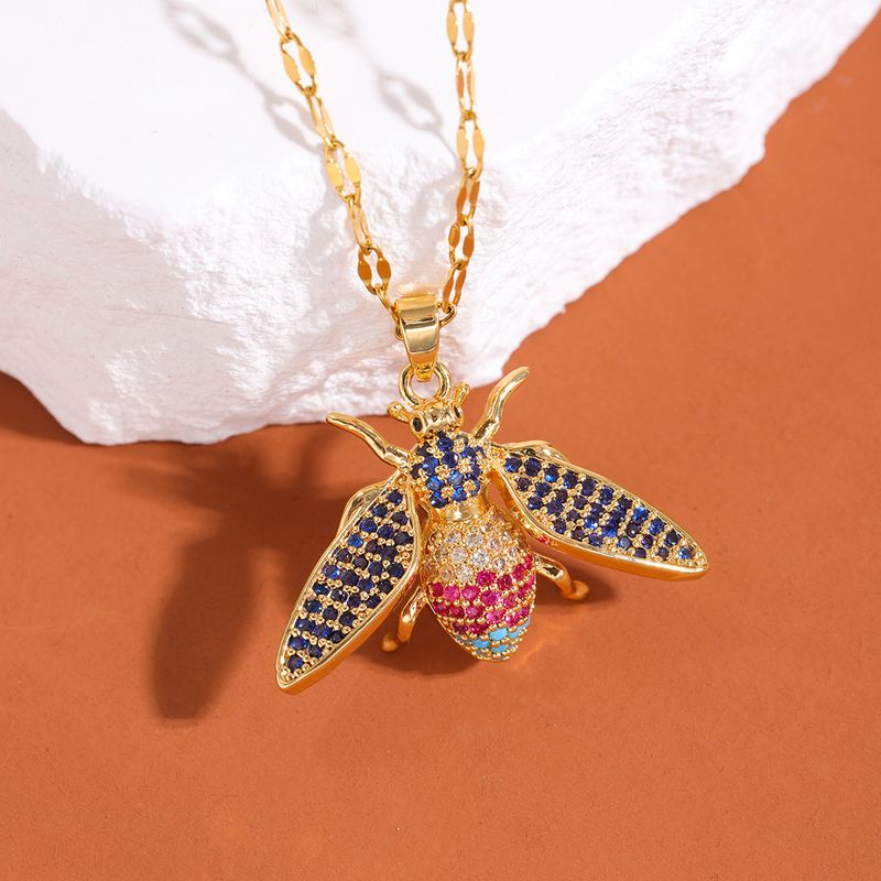 Wholesale Cute Animal Insect 304 Stainless Steel Copper Inlay 18K Gold Plated Zircon Pendant Necklace