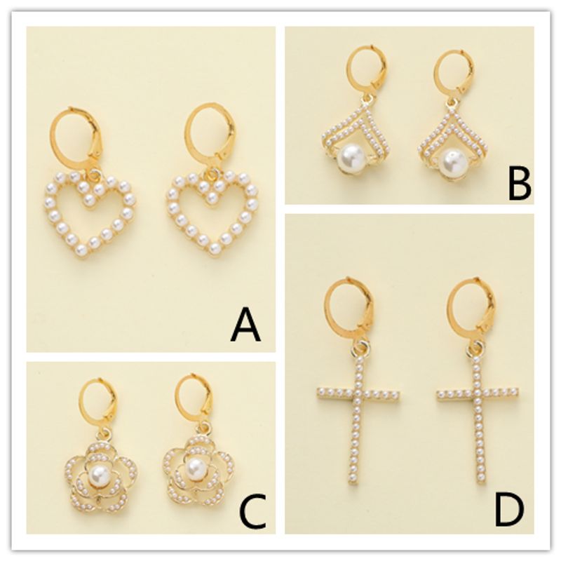 1 Pair Elegant Simple Style Cross Heart Shape Flower Alloy Drop Earrings