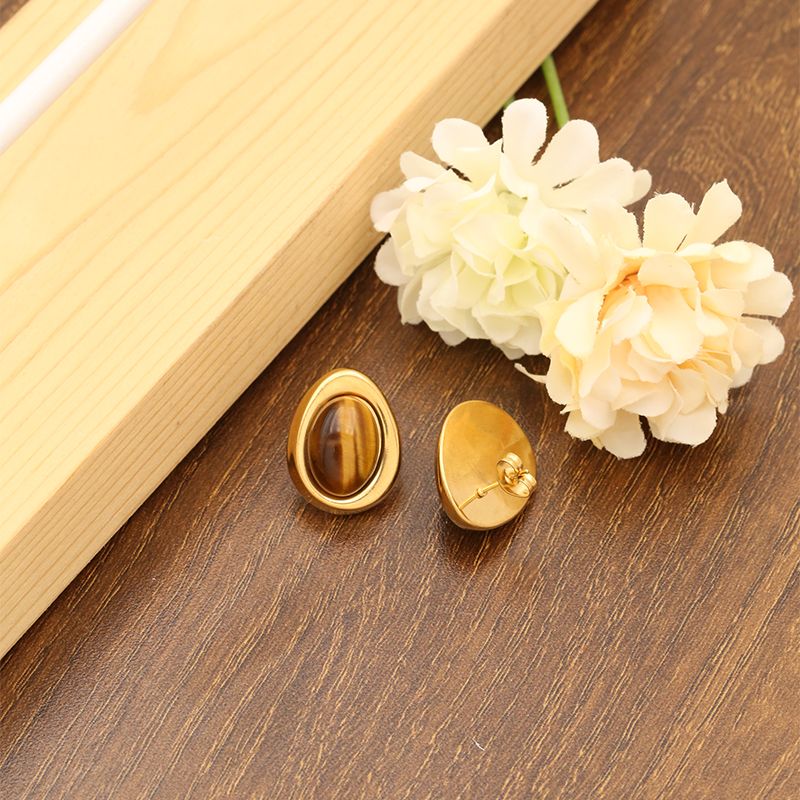 1 Pair Retro Commute Oval Inlay Stainless Steel Natural Stone 18K Gold Plated Ear Studs