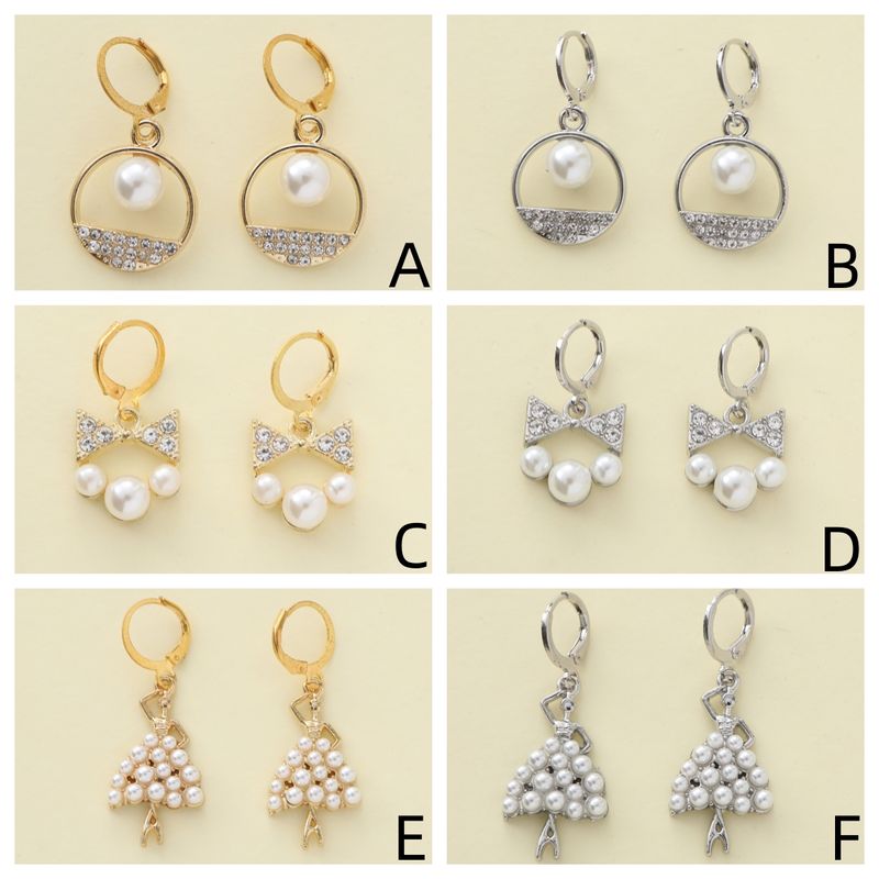 1 Piece Sweet Simple Style Round Letter Bow Knot Hollow Out Inlay Alloy Pearl Zircon Drop Earrings