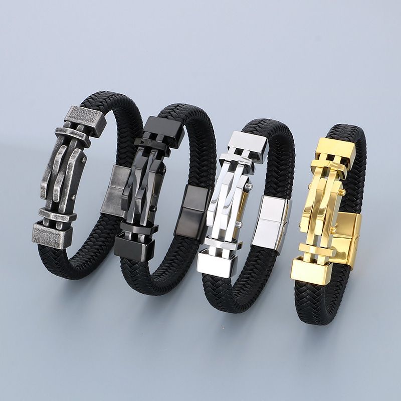 Entreprise Bloc De Couleur Acier Inoxydable 304 Cuir Tricot Plaqué Or 18K Hommes Bracelet