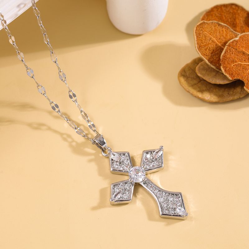 Wholesale Punk Cross 304 Stainless Steel Copper Inlay 18K Gold Plated Zircon Pendant Necklace
