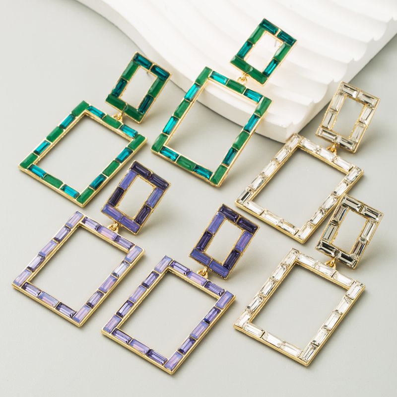 1 Pair Simple Style Classic Style Square Hollow Out Inlay Alloy Glass 14K Gold Plated Drop Earrings