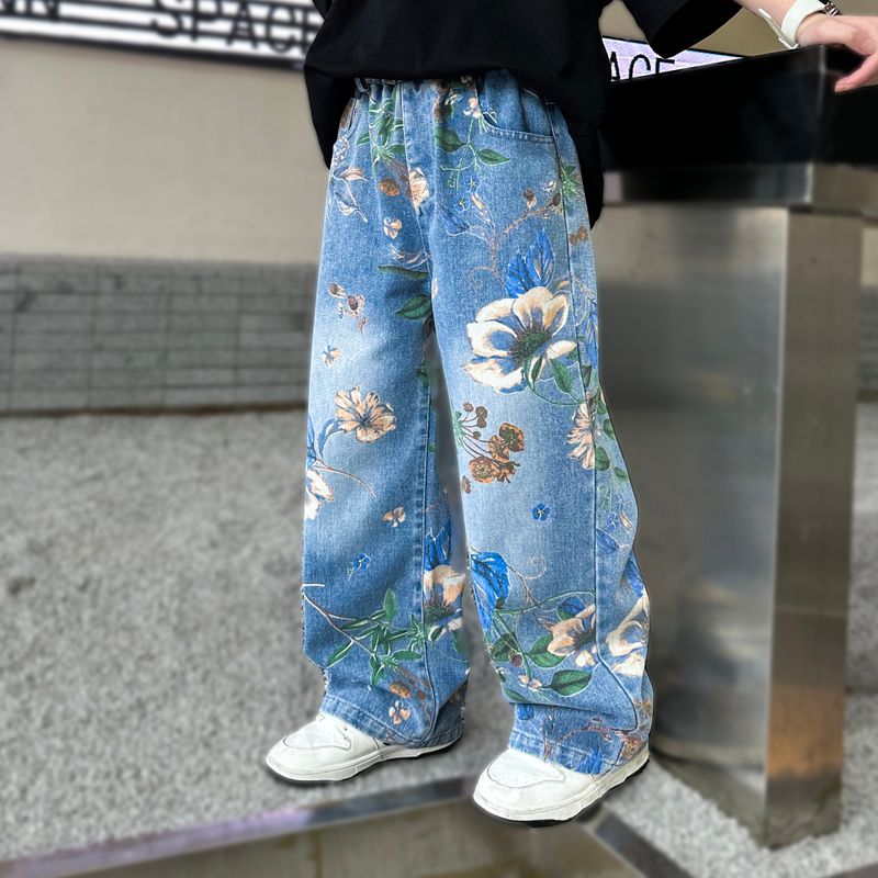 Streetwear Flower Elastic Waist Denim Boys Pants