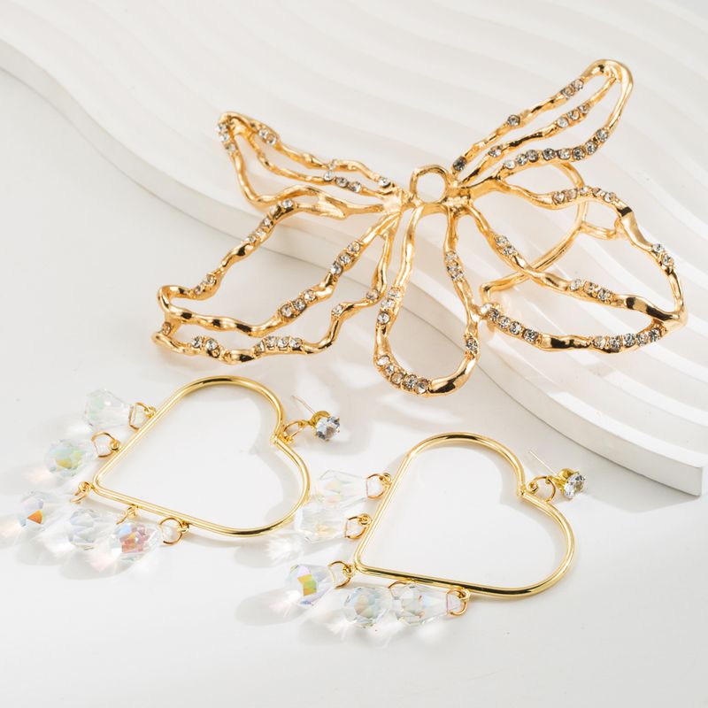 French Style Shiny Heart Shape Butterfly Hollow Out Inlay Zinc Alloy Rhinestones 14K Gold Plated Drop Earrings Ear Cuffs