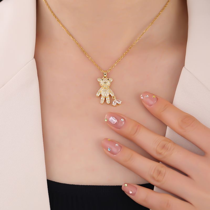 304 Stainless Steel 18K Gold Plated Cute Shiny Plating Inlay Little Bear Zircon Pendant Necklace