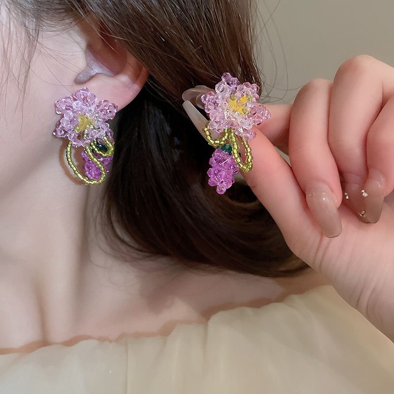 1 Par Casual Elegante Flor Con Cuentas Cristal Pendientes