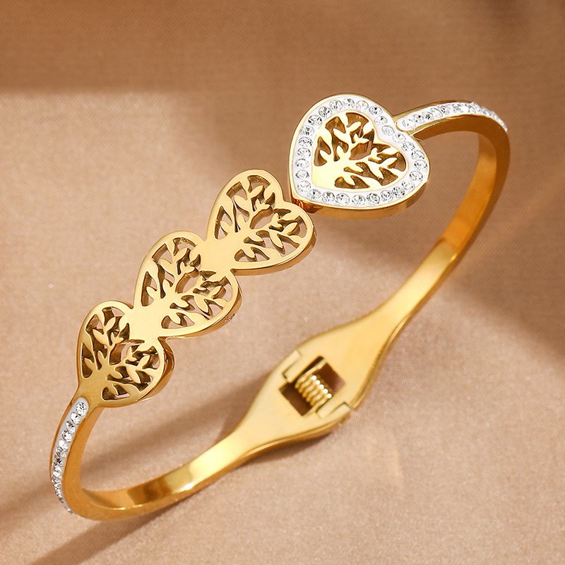 Titanium Steel Vintage Style Heart Shape Life Tree Plating Bangle