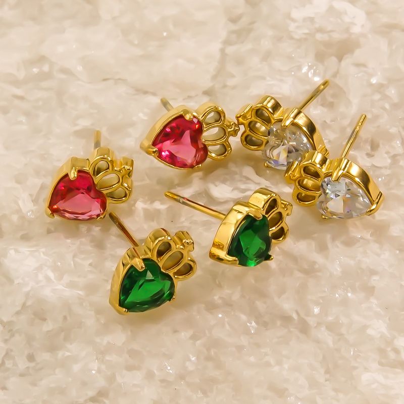 1 Pair Cute Sweet Simple Style Heart Shape Crown Hollow Out Inlay 304 Stainless Steel Zircon 14K Gold Plated Ear Studs