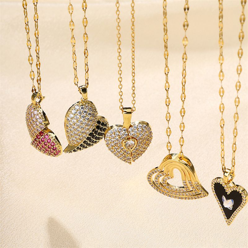 Stainless Steel Copper 18K Gold Plated IG Style Inlay Heart Shape Zircon Pendant Necklace