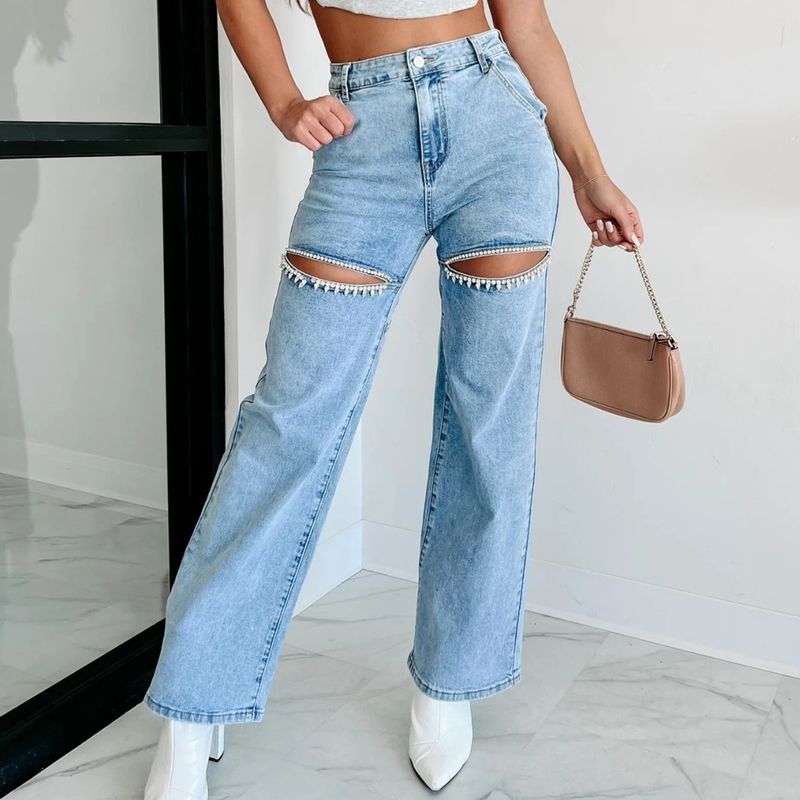 Women's Daily Streetwear Solid Color Full Length Ripped Jeans Straight Pants