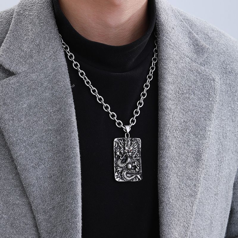 Vintage Style Classic Style Cool Style Square Dragon 304 Stainless Steel Plating 18K Gold Plated Raw Steel Men's Pendant Necklace