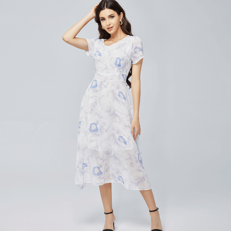 Frau Chiffon-Kleid Ferien Einfacher Stil V-Ausschnitt Kurzarm Blume Midi-Kleid Ferien