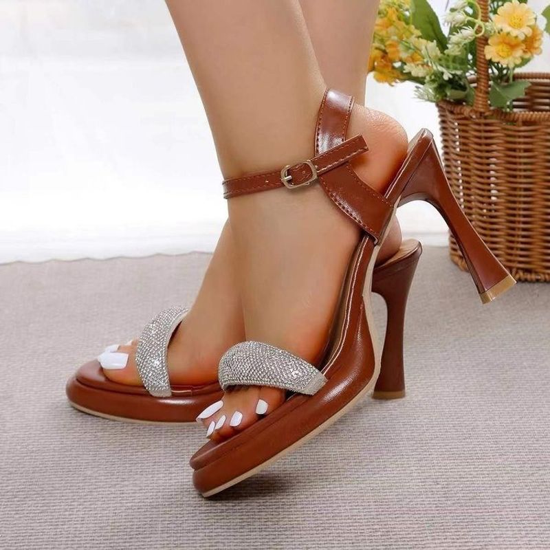 Women's Casual Elegant Solid Color Rhinestone Open Toe Ankle Strap Sandals