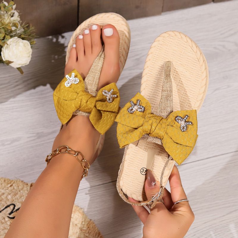 Women's Roman Style Solid Color Bowknot T-Strap Thong Sandals