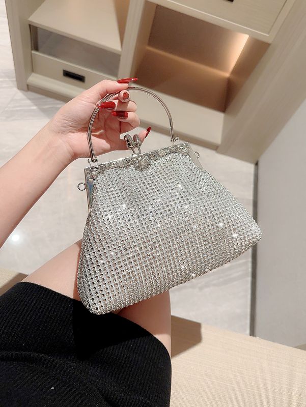 Silver Polyester Solid Color Rhinestone Square Evening Bags