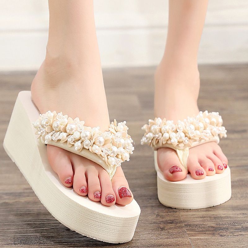 Women's Casual Solid Color Pearls T-Strap Flip Flops