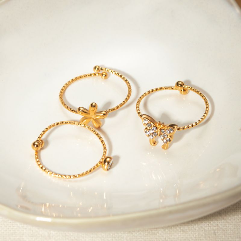 304 Stainless Steel 18K Gold Plated Simple Style Plating Inlay Flower Butterfly Rhinestones Rings