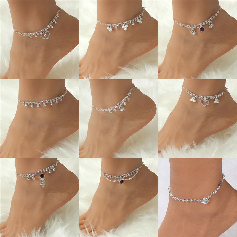Casual Beach Water Droplets Heart Shape Copper Plating Inlay Artificial Gemstones Artificial Pearls Zircon Silver Plated Women's Anklet