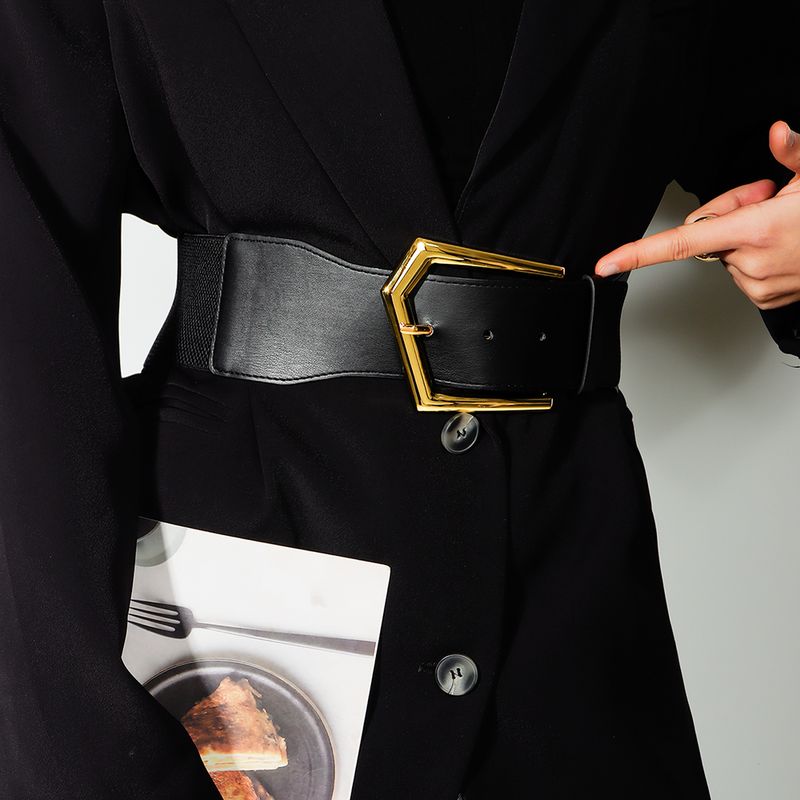 Elegant Lady Simple Style Solid Color Pu Leather Alloy Belt Buckle Metal Button Women's Leather Belts