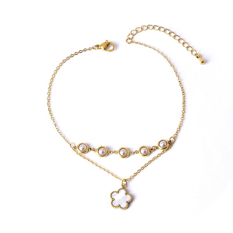 Style Simple Forme De Cœur Fleur Papillon Acier Inoxydable 304 Perles Artificielles Pierre De Verre Coquille Plaqué Or 18K Femmes Bracelet De Cheville