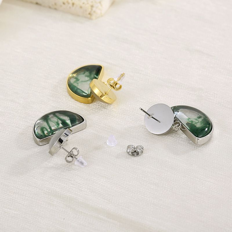 1 Paire Style Simple Demi-Cercle Rond Incruster Acier Inoxydable Opale Plaqué Or 18K Boucles D'oreilles
