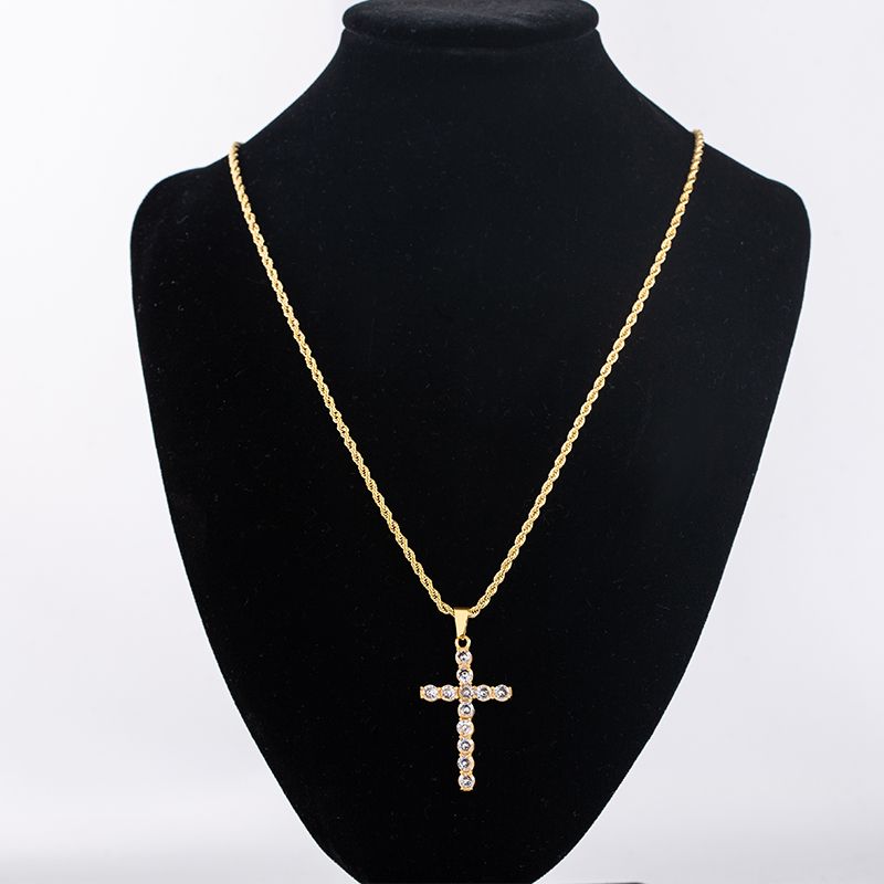 Stainless Steel 18K Gold Plated Business Simple Style Plating Inlay Cross Rhinestones Pendant Necklace