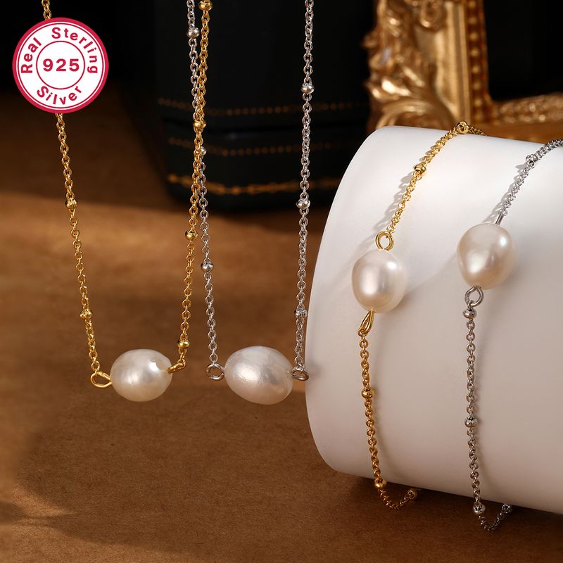 Ethnic Style Simple Style Pearl Sterling Silver Plating White Gold Plated Gold Plated Women's Bracelets Necklace Jewelry Set