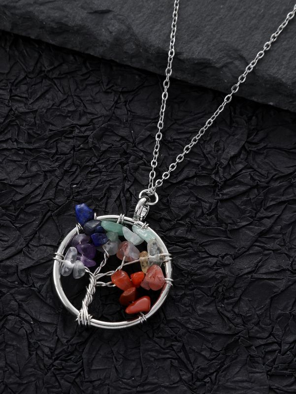 Stainless Steel Natural Stone Novelty Artistic Round Tree Hollow Out Inlay Natural Stone Pendant Necklace