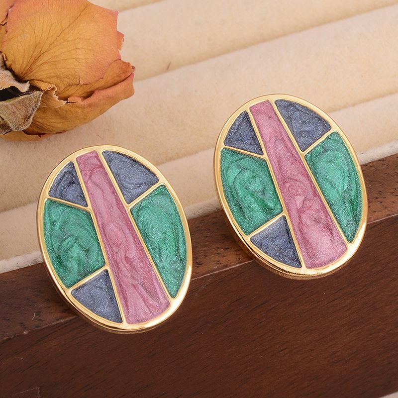 1 Pair Vintage Style Square Oval Stoving Varnish Plating Copper 18K Gold Plated Ear Studs