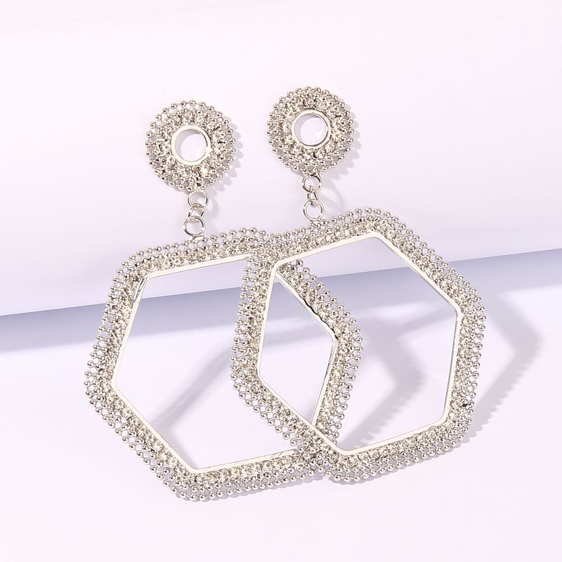 1 Pair Simple Style Hexagon Geometric Rhinestone Metal Rhodium Plated Drop Earrings
