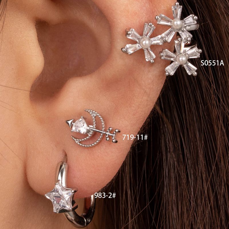 1 Piece Simple Style Star Pearl Flower Inlay Copper Zircon Ear Studs