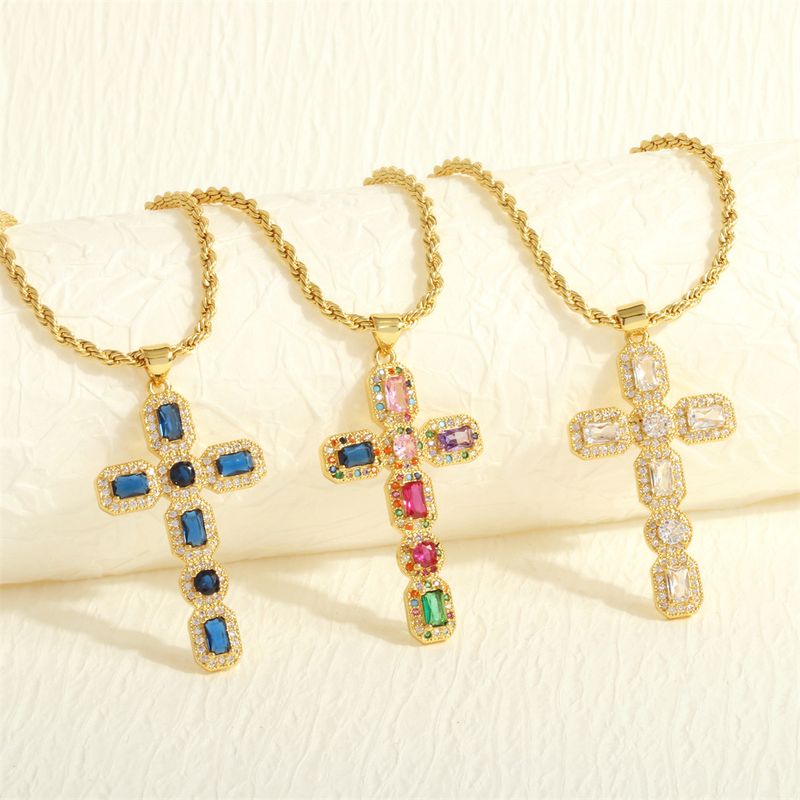 Casual Simple Style Cross Copper Zircon Pendant Necklace