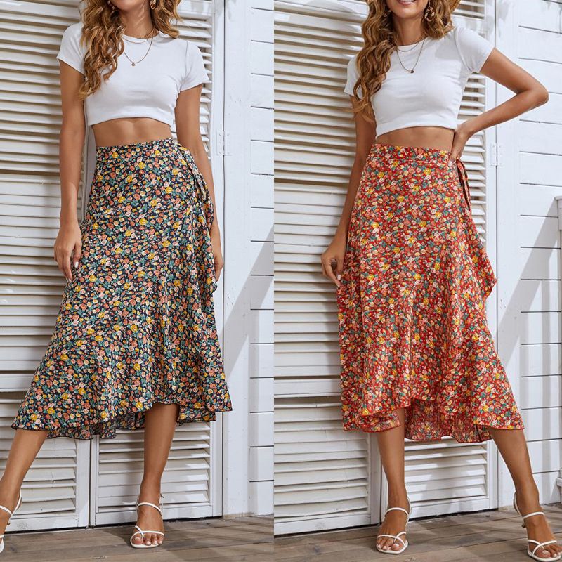 Sommer Vintage-Stil Ditsy Blumig Polyester Midi-Kleid Röcke